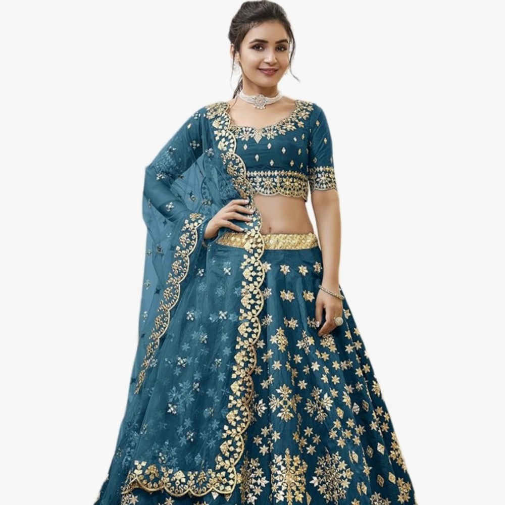 Embroidered Lehenga Choli Set with Gold Zari Work, Wedding Wear Bridal Dress